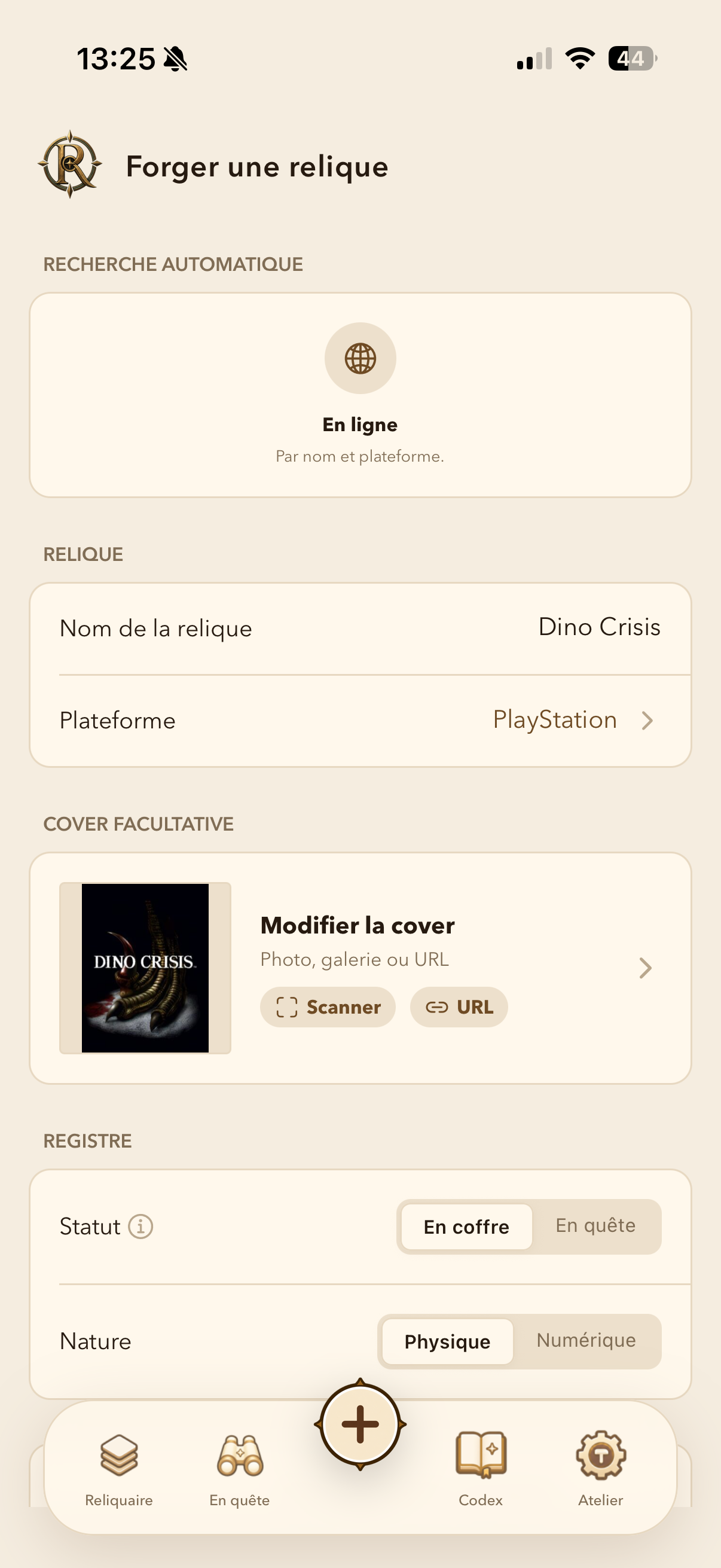Écran Forger une relique dans ReliQuest — recherche en ligne, plateforme, cover