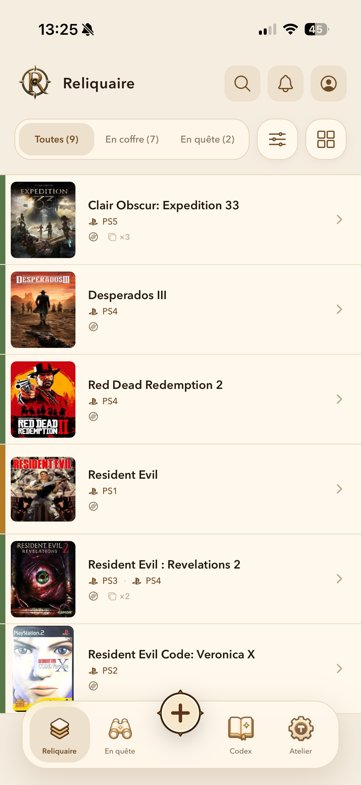 Reliquaire ReliQuest — vue liste de la collection avec filtres Toutes / En coffre / En quête