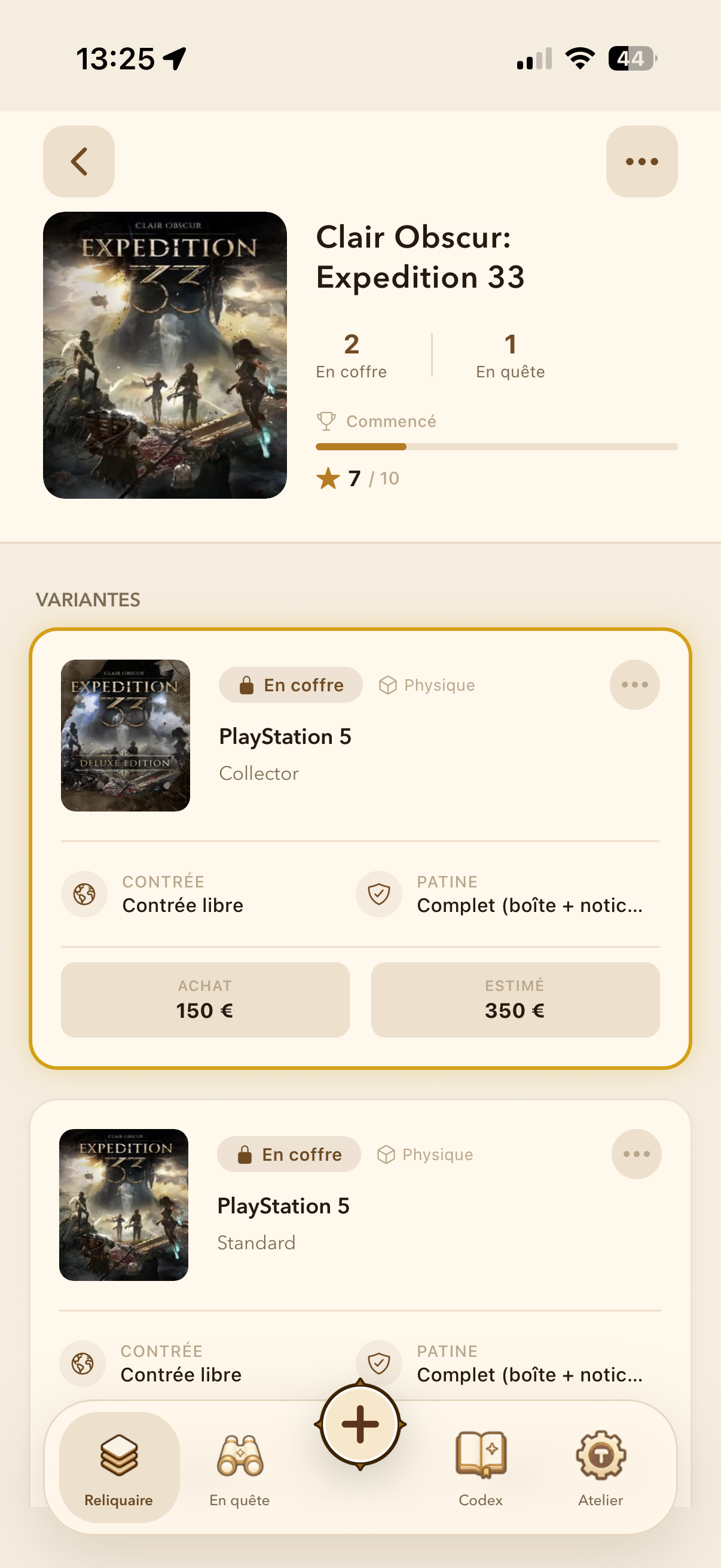 Fiche d'une relique ReliQuest — variantes, contrée, patine, achat, valeur estimée